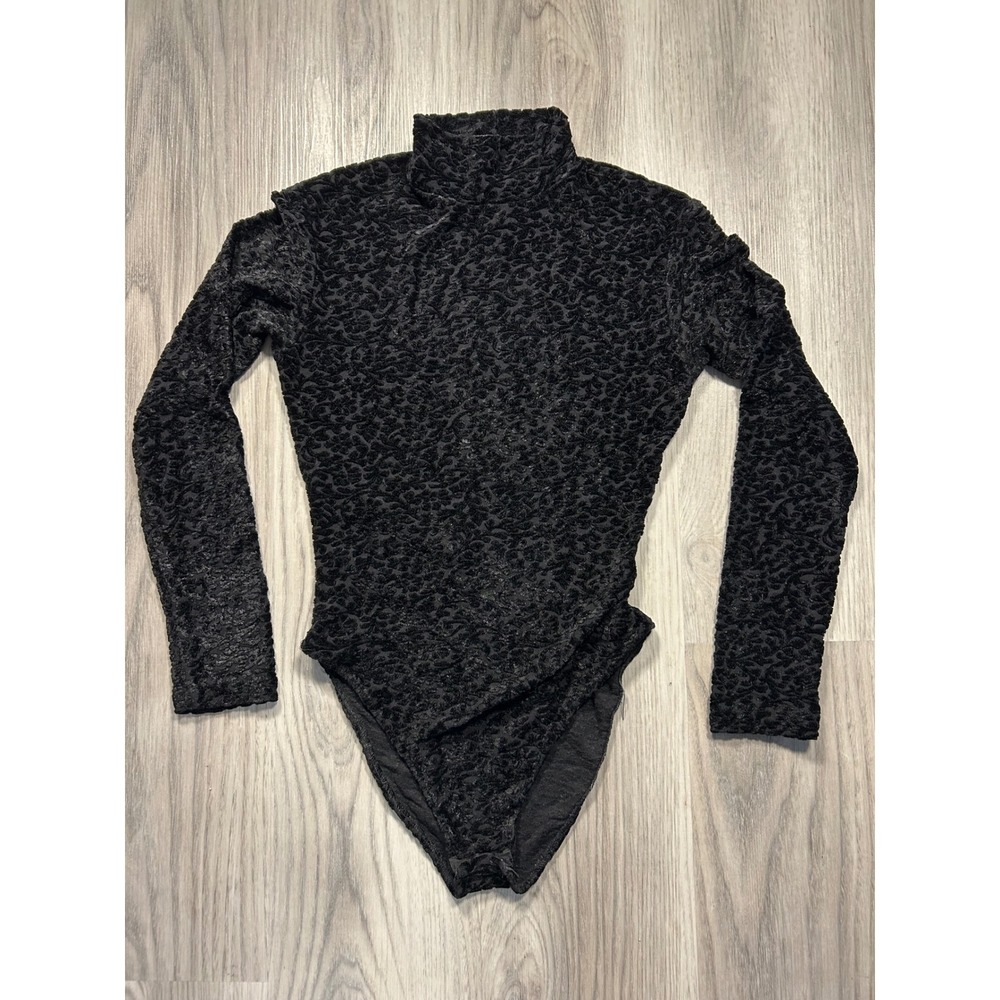 Vintage Henri Bendel Black Velvet Burnout Mock Neck Long Sleeve Bodysuit goth ml